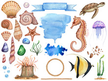 Big Set Of Watercolor Illustrations Of Sea Subject Isolated. A Collection For Scrap Booking