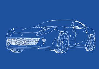 Sticker - drawing of a sports car blue background vector