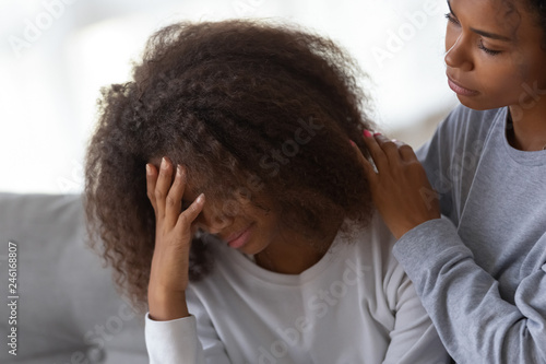 Young African American Mom Hug Disappointed Sad Teenage Daughter