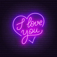 I love you neon lettering . Heart sign.