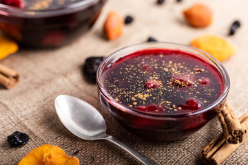 Mazamorra morada, delicious peruvian dessert jam with dried fruits and cinnamon