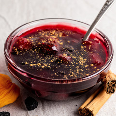 Mazamorra morada, delicious peruvian dessert jam with dried fruits and cinnamon