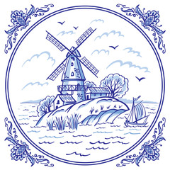 landscape with a windmill and a boat in blue colors in a patterned frame, delft style decor, gzhel p