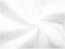Abstract Halftone Gradient Dots Background. Black White Grunge Texture. Pop Art Circle Comic Pattern. Polka Dots, Rays Twisted Vector Pattern. Template For Presentation Flyer, Business Cards, Stickers