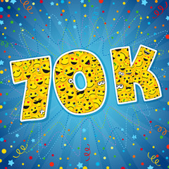 Poster - Thank you 70K logotype. Congratulating bright 70.000 networking thanks, net friends abstract new image, 60000k cute sign, people digits. Isolated smiling years old, lol symbol. Graphic design template