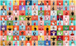 The collage of faces of surprised people on colored backgrounds. Happy men and women smiling. Human emotions, facial expression concept. collage of different human facial expressions, emotions