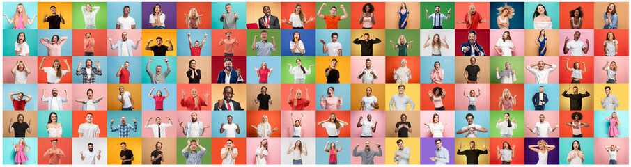 the collage of faces of surprised people on colored backgrounds. happy men and women smiling. human 