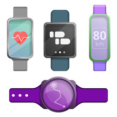 Fitness tracker icons set. Cartoon set of fitness tracker vector icons for web design