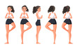 © bukavik - Vector illustration of sportive women in Tree position with namaste hands. Cartoon realistic people practicing yoga. Flat young woman. Front view girl, Side view, Back side view. Standing yoga poses.
