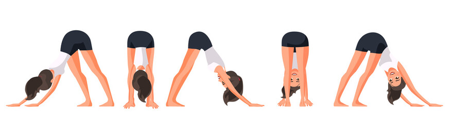 Wall Mural - Vector illustration of sportive women in dog pose yoga. Cartoon realistic people illustration practicing yoga. Flat young woman. Front view girl, Side view girl, Back side view. Stretching. Sport.