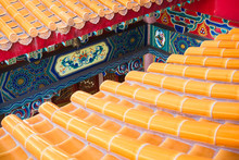 Roof Detail Of Chinese Temple Texture Background. Beautiful Chinese Temple Roof Detail With Colorful Architectural Work At Wat Leng Nei Yi 2, Nonthaburi, Thailand