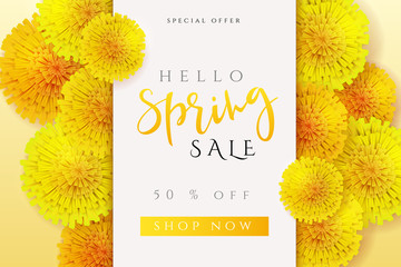 Vector illustration of spring promotion banner template with hand lettering label - spring - with realistic yeallow dandelion flowers