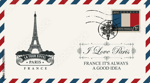 Fotografía Vector envelope or postcard in retro style with Eiffel tower, postmark in form of French coat of arms and postage stamp with French flag