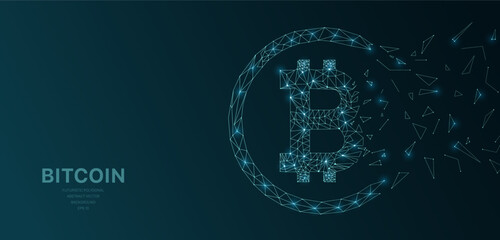Polygonal wireframe mesh futuristic with bitcoin crypto concept sign on dark background. Vector lines, dots and triangle shapes, connecting network, digital molecules technology, connection structure.