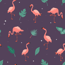 Seamless Vector Pattern With Flamingos And Leaves