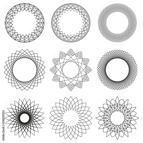 Set of round ornaments. Border made of lines. Geometric pattern. Circle shape...