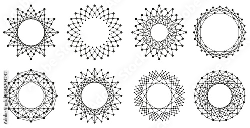 Set Of Round Ornaments Frames Made Of Lines And Dots Geometric