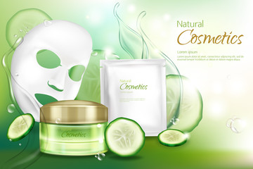 Vector 3d realistic banner with white sheet facial cosmetic mask, cucumber cosmetics.Ad poster with water splashes, moisturizing cream with vitamins, natural vegetable essence. Mockup for promo poster