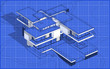 © korisbo - 3d rendering sketch of modern cozy house with garage for sale or rent. Graphics black line sketch with white spot on blueprint background.
