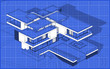 © korisbo - 3d rendering sketch of modern cozy house with garage for sale or rent. Graphics black line sketch with white spot on blueprint background.