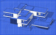 © korisbo - 3d rendering sketch of modern cozy house with garage for sale or rent. Graphics black line sketch with white spot on blueprint background.