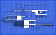 © korisbo - 3d rendering sketch of modern cozy house with garage for sale or rent. Graphics black line sketch with white spot on blueprint background.