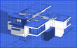 © korisbo - 3d rendering sketch of modern cozy house with garage for sale or rent. Graphics black line sketch with white spot on blueprint background.