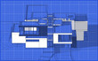 © korisbo - 3d rendering sketch of modern cozy house with garage for sale or rent. Graphics black line sketch with white spot on blueprint background.