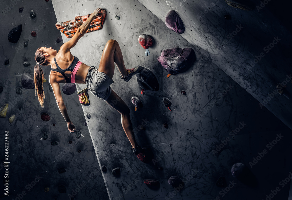 Young sporty woman climbing artificial boulder indoors. - obrazy, fototapety, plakaty 