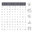 Alternative medicine editable line icons, 100 vector set on white background. Alternative medicine black outline illustrations, signs, symbols