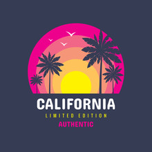 California - Concept Logo Badge Vector Illustration For T-shirt And Other Design Print Productions. Summer, Sunset, Palms, Surfing, Sea Waves. Tropical Paradise. Long Beach. Limited Edition. Authentic