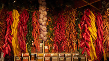 Red And Green Peppers Garlic Spices Dry In The La Boqueria Market Barcelona