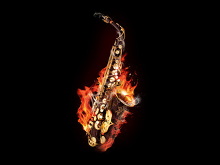 sax on fire on black background