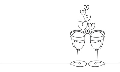 Wall Mural - Wine glasses and heart. Line drawing. Love