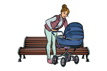 Young Mother With A Baby Carriage, Park Bench