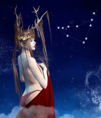 Zodiac series - Capricorn as a beautiful girl with horns and crown - 3D illustration