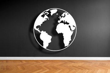 Wall Mural - world illustration icon on wall background in empty room -simple earth graphic -
