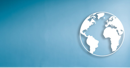 Wall Mural - world illustration on blue wall background with copy space -