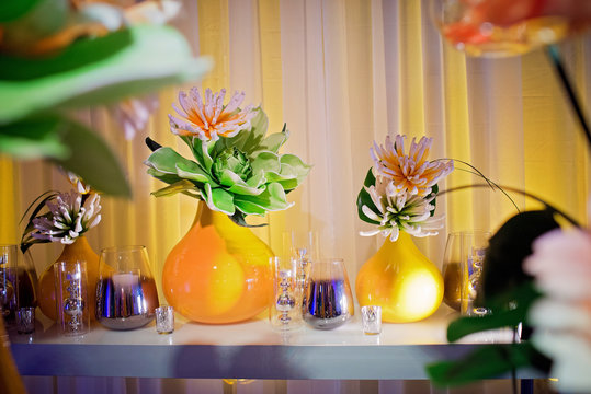 YesNo  Yellow marigold wedding decor swanky with succulents and drapery