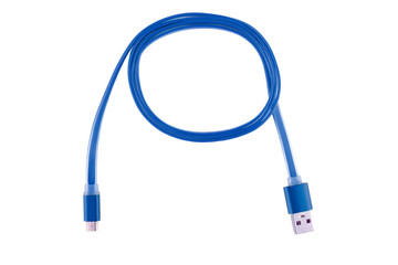 Blue micro-usb cable twisted into a ring, on a white isolated background. Horizontal frame