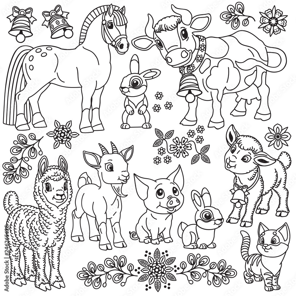 set of cartoon farm animals . Outline collection for babies and little kids  .Black and white vector illustration Stock Vector | Adobe Stock, image size:1000x1000