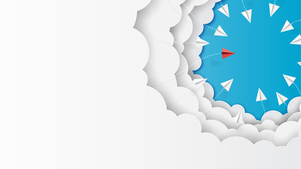 Wall Mural - paper airplanes flying on clouds and blue sky.paper art style of business leadership and teamwork cr