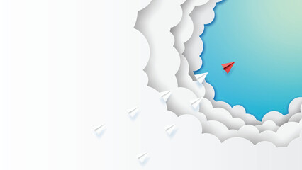 Wall Mural - paper art style of business leadership and teamwork creative concept idea.paper airplanes flying on 