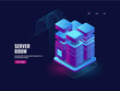 © fullvector - Big data processing, blockchain technology, token access system, server room, datacenter and database icon, web VPB and hosting dark ultraviolet neon isometric vector illustration 3d