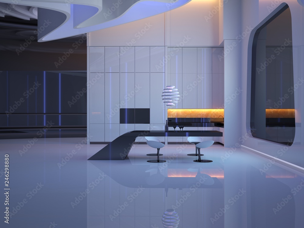 Kitchen design of the future. Futuristic interior of the living room ...