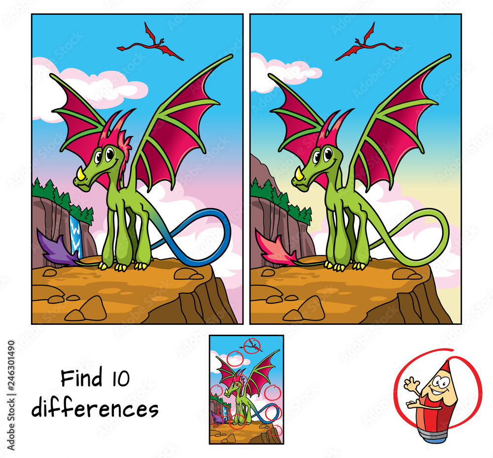Funny green dragon. Find 10 differences. Educational matching game for ...