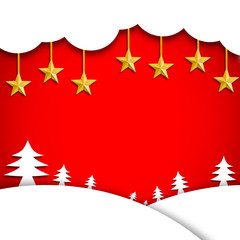 Wall Mural - Red christmas background with white clouds and golden star