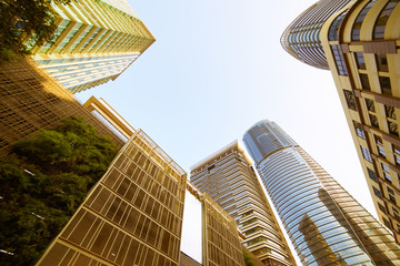 Sticker - Low angle shot of modern glass buildings and green with clear sky background.