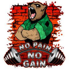 Wall Mural - Vector illustration of a barbell and a strong  bear on a brick wall background. No pain No gain