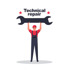 Wall Mural - Repairman holding big wrench in hand. Home repair. Technical assistance. Vector illustration flat design. Isolated on white background. Worker customer service.